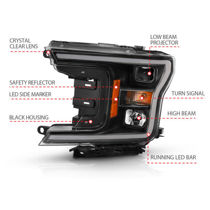 ANZO 2018-2019 Ford F-150 Projector Plank Style H.L. Black Amber (Without Switchback) - eliteracefab.com