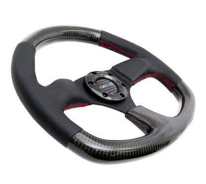 NRG Carbon Fiber Steering Wheel (320mm) Flat Bottom & Leather Trim w/Red Stitching - ST-009CFRS
