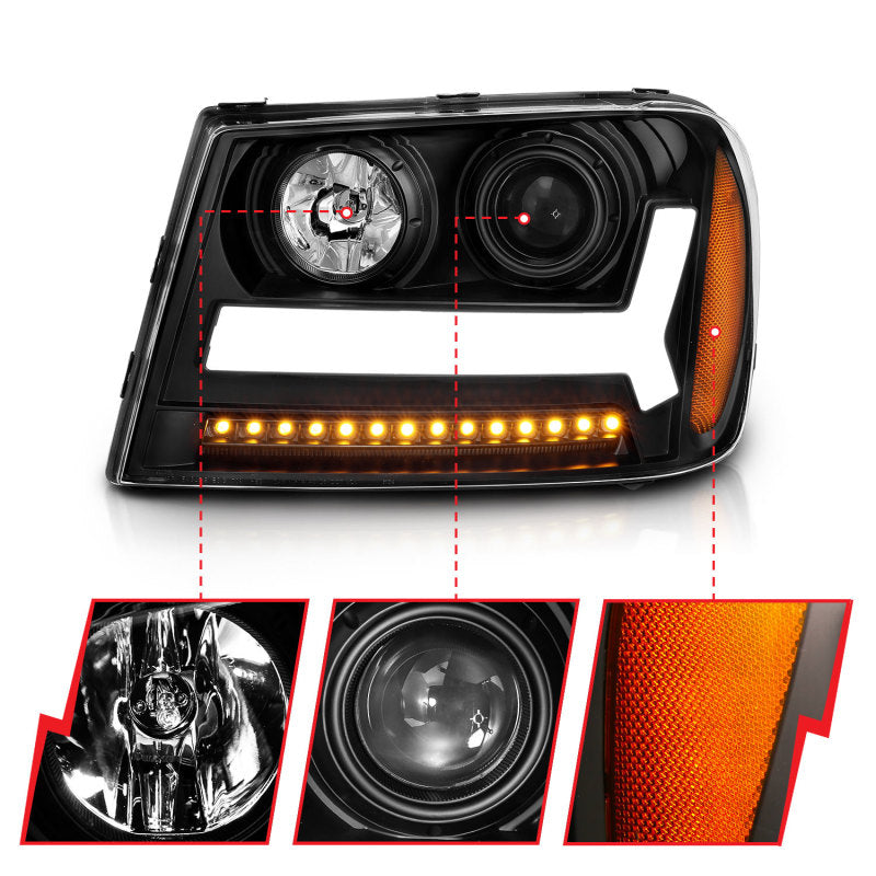 ANZO 2006-2009 Chevrolet Trailblazer Projector Headlights w/ Plank Style Design Black w/ Amber - eliteracefab.com