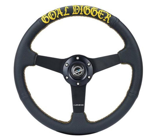 NRG Innovations 350mm Reinforced Flat Steering Wheel - Perforated Leather - Matte Black Spokes - Gold Stitch – RST-037MB-PR-GD