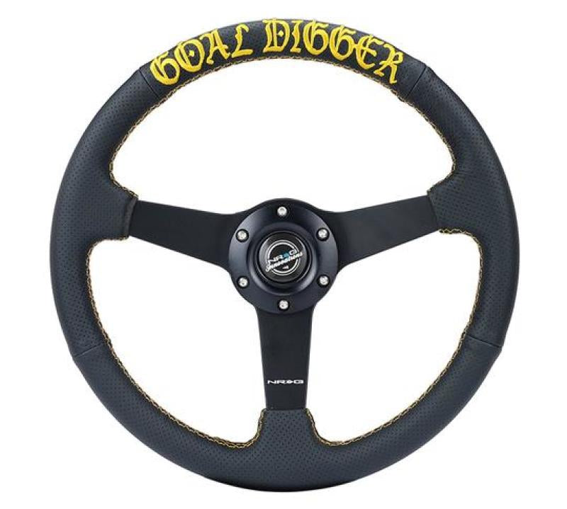 NRG Sport Steering Wheel (350mm / 1.5in Deep) Black Leather/Gold Stitch w/Matte Black Solid Spokes - RST-037MB-PR-GD