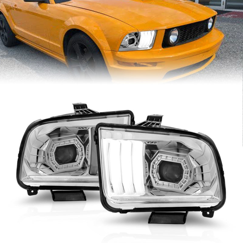 ANZO 05-09 Ford Mustang (w/Factory Halogen HL Only) Projector Headlights w/Light Bar Chrome Housing ANZO