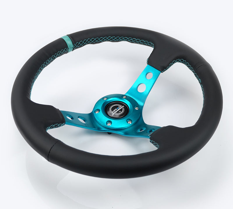 NRG Reinforce Steering Wheel (350mm / 3in. Deep) Blk Leather, Teal Center Mark w/ Teal Stitching - eliteracefab.com