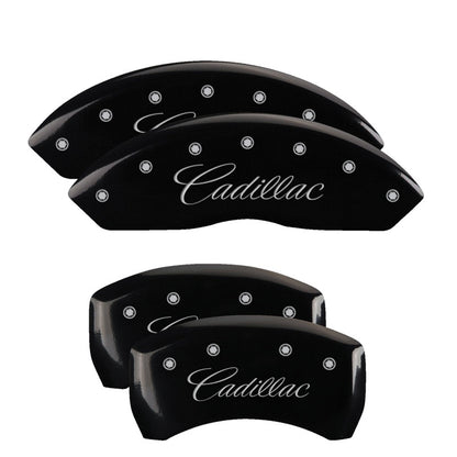 MGP 4 Caliper Covers Engraved F & R Cursive/Cadillac Black Finish Silver Char 2017 Cadillac XT5 MGP