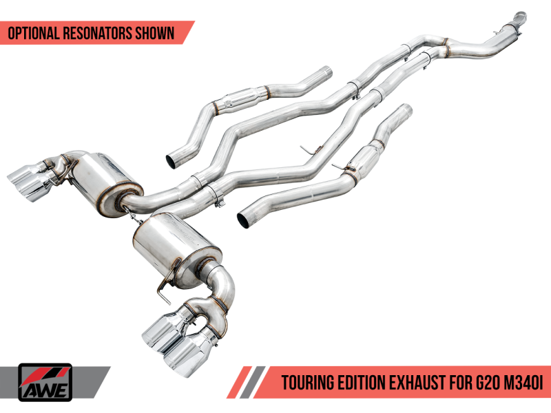 AWE Tuning 2019+ BMW M340i (G20) Resonated Touring Edition Exhaust - Quad Chrome Silver Tips - eliteracefab.com