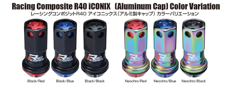 Project Kics 12X1.25 Neo Chrome R40 Iconix Lock & Lug Nuts - 16+4 (Black Cap)