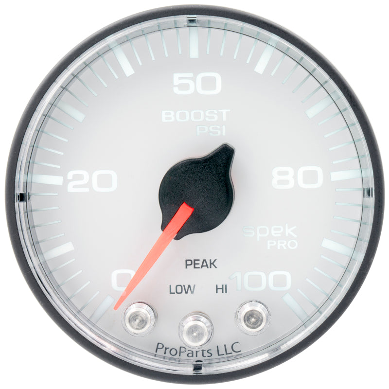 Autometer Spek-Pro 2 1/16in 100PSI Stepper Motor W/Peak & Warn White/Black Boost Gauge P305128