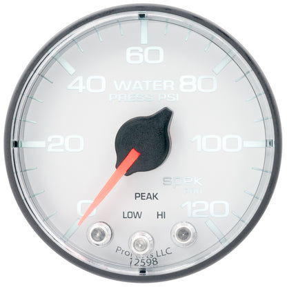 Autometer Spek-Pro 2 1/16in 120PSI Stepper Motor W/Peak & Warn White/Black Water Pressure Gauge P345128
