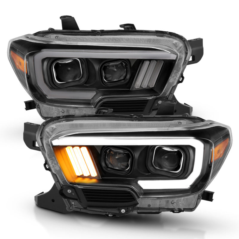 ANZO USA Toyota Tacoma Projector Headlights w/ Plank Style Design Black / Amber w/ DRL; 2016-2018 - eliteracefab.com