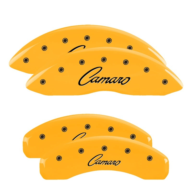 MGP 4 Caliper Covers Engraved Front & Rear Cursive/Camaro Yellow finish black ch MGP