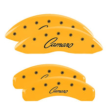 Load image into Gallery viewer, MGP 4 Caliper Covers Engraved Front &amp; Rear Cursive/Camaro Yellow finish black ch MGP