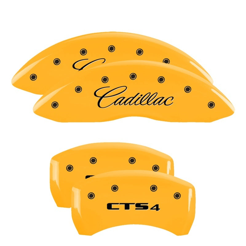 MGP 4 Caliper Covers Engraved Front & Rear Cursive/Cadillac Yellow finish black ch MGP