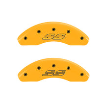 Load image into Gallery viewer, MGP 4 Caliper Covers Engraved Front &amp; Rear Impala Style/Ss Yellow Finish Blk Char 2000 Chevy Impala MGP