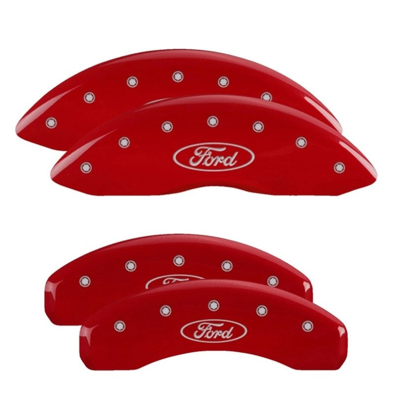 MGP 4 Caliper Covers Engraved Front & Rear Ford Oval Logo Red Finish Silver Char 2021 Ford F-150 MGP