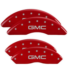 Load image into Gallery viewer, MGP 4 Caliper Covers Engraved Front &amp; Rear GMC Red finish silver ch