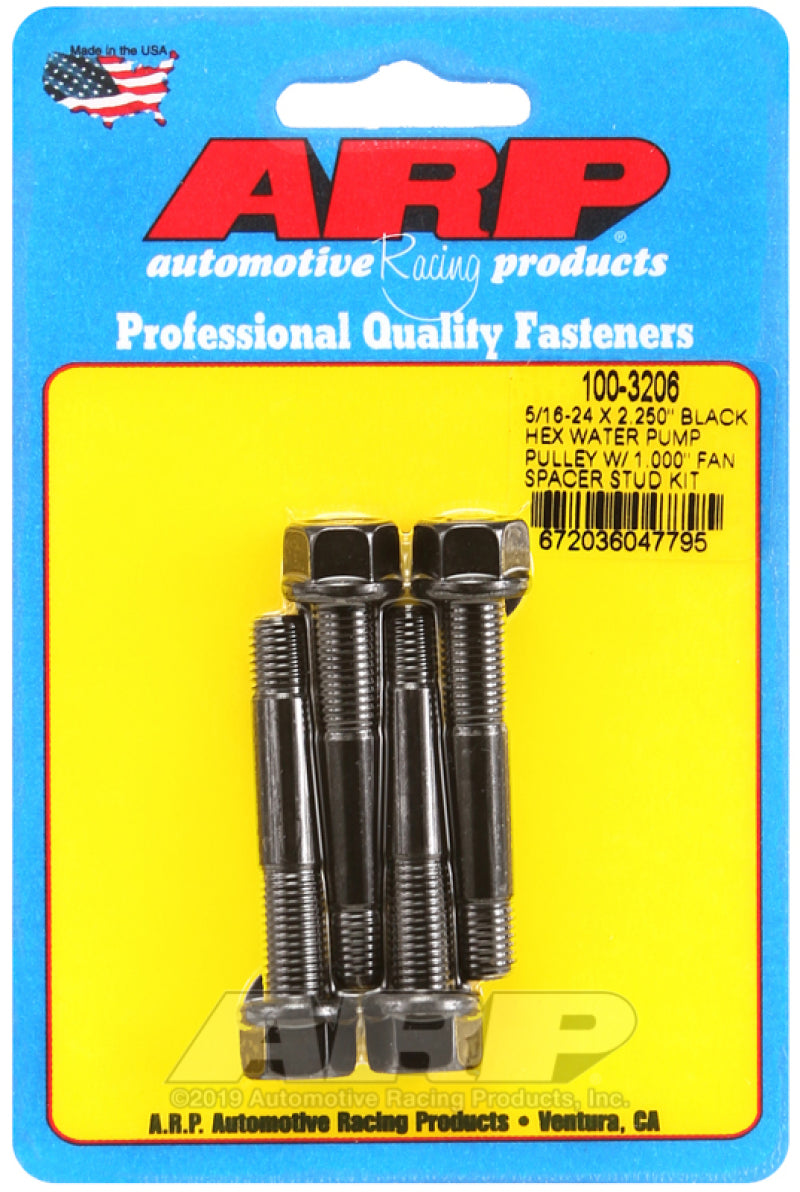 ARP 5/16-24 X 2.250 Black Hex Water Pump Pulley w/ 1.000in Fan Spacer Stud Kit ARP