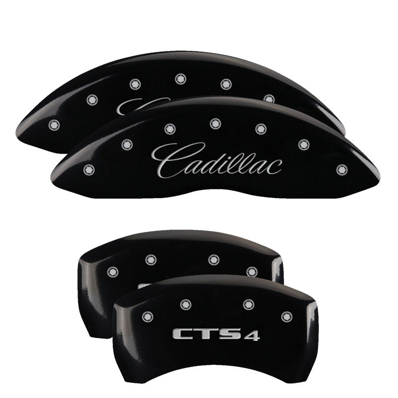 MGP 4 Caliper Covers Engraved Front Cursive/Cadillac Engraved Rear CTS4 Black finish silver ch MGP