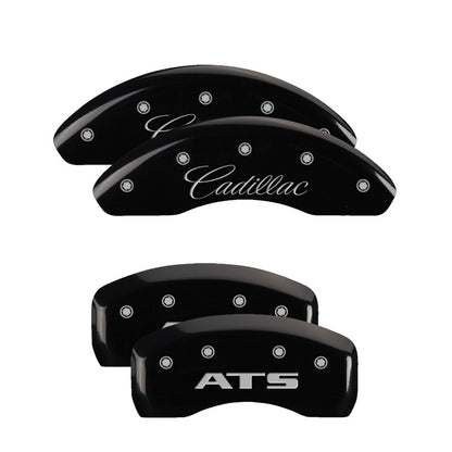 MGP 4 Caliper Covers Engraved Front Cursive/Cadillac Engraved Rear CTS Black finish silver ch MGP