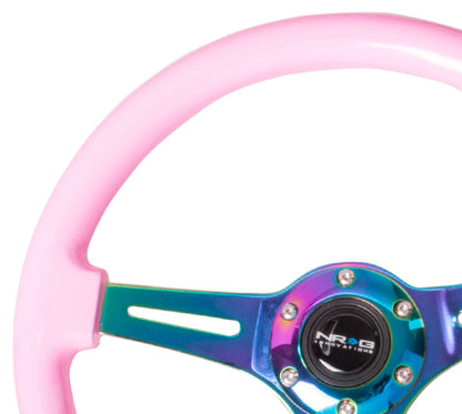 NRG Classic Wood Grain Steering Wheel (350mm) Solid Pink Painted Grip w/Neochrome 3-Spoke Center - eliteracefab.com