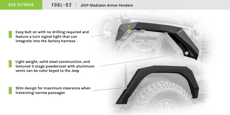 DV8 Offroad 2019+ Jeep Gladiator Armor Fenders - eliteracefab.com
