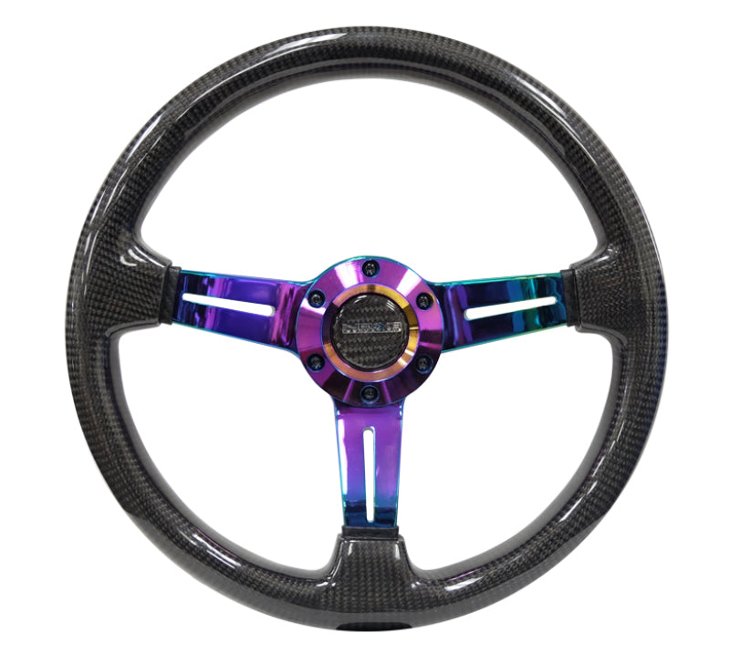 NRG Carbon Fiber Steering Wheel (350mm / 1.5in. Deep) Neochrome 3-Spoke Design w/Slit Cuts - ST-010MC-CF