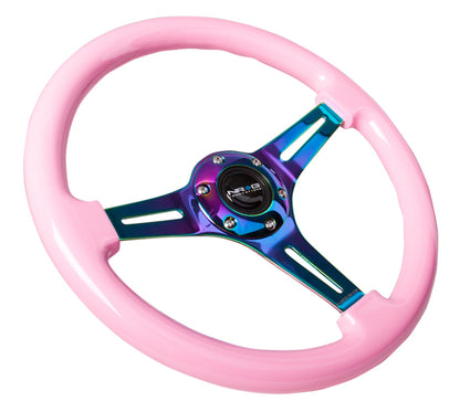 NRG Classic Wood Grain Steering Wheel (350mm) Solid Pink Painted Grip w/Neochrome 3-Spoke Center - eliteracefab.com