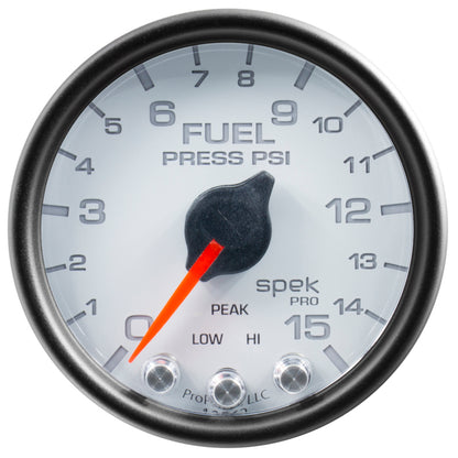 Autometer Spek-Pro Gauge Fuel Press 2 1/16in 15psi Stepper Motor W/Peak & Warn Wht/Blk P31512