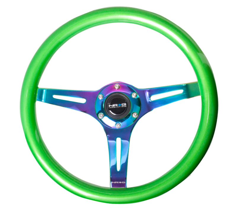 NRG Classic Wood Grain Steering Wheel (350mm) Green Pearl/Flake Paint w/Neochrome 3-Spoke Center - ST-015MC-GN