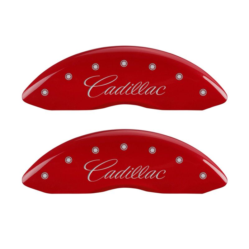 MGP 4 Caliper Covers Engraved Front Cursive/Cadillac Engraved Rear CTS Red finish silver ch - eliteracefab.com