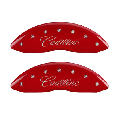 MGP 4 Caliper Covers Engraved Front & Rear Cursive/Cadillac Red finish silver ch - eliteracefab.com