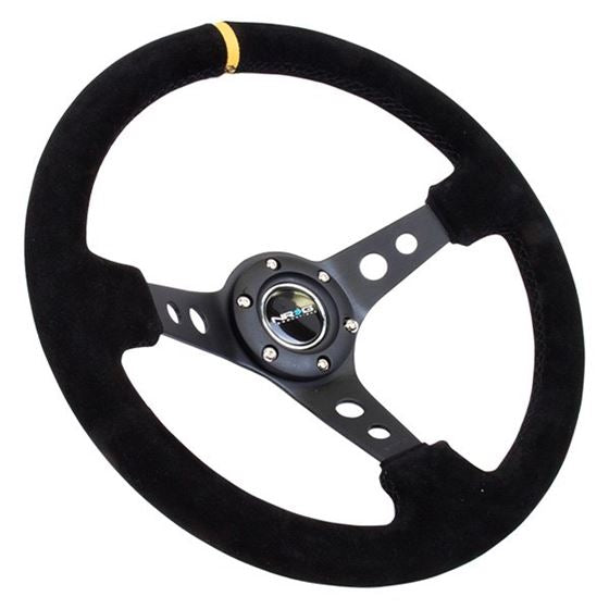 NRG Reinforced Sport Steering Wheel 350mm 3 Inch Deep Black Spoke Suede Black Stitch Yellow Center Mark - eliteracefab.com