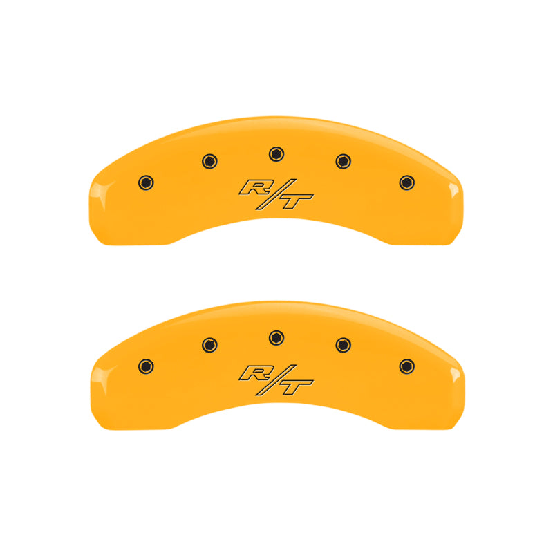 MGP 4 Caliper Covers Engraved Front Cursive/Challenger Engraved Rear RT Yellow finish black ch MGP