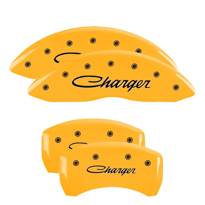 MGP 4 Caliper Covers Engraved Front & Rear Cursive/Charger Yellow finish black ch MGP