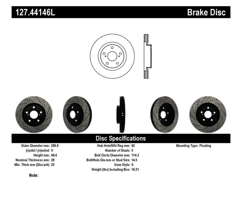 STOPTECH 07-09 LEXUS ES 250/ES 300/ ES330/ES350 SPORTSTOP SLOTTED & DRILLED LEFT FRONT ROTOR, 127.44146L - eliteracefab.com