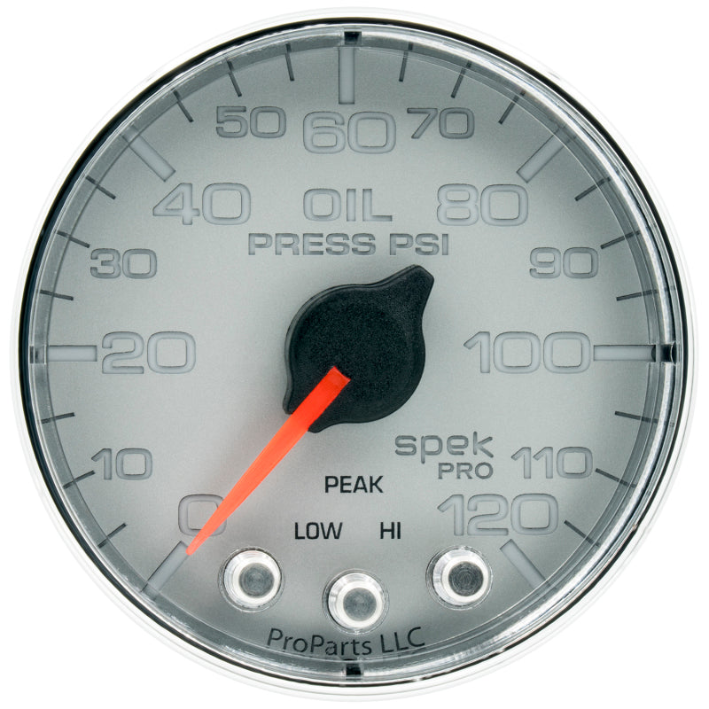 Autometer Spek-Pro Gauge Oil Press 2 1/16in 120psi Stepper Motor W/Peak & Warn Slvr/Chrm P325218