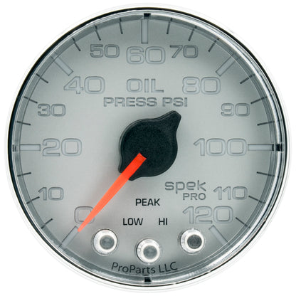 Autometer Spek-Pro Gauge Oil Press 2 1/16in 120psi Stepper Motor W/Peak & Warn Slvr/Chrm P325218