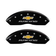 Load image into Gallery viewer, MGP 4 Caliper Covers Engraved Front &amp; Rear Chevy racing Black finish silver ch MGP