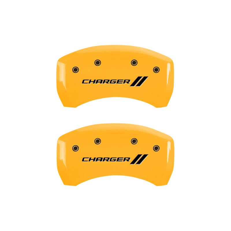 MGP 4 Caliper Covers Engraved Front & Rear With stripes/Charger Yellow finish black ch MGP