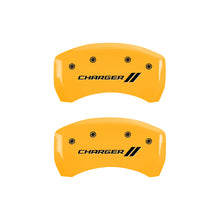 Load image into Gallery viewer, MGP 4 Caliper Covers Engraved Front &amp; Rear With stripes/Charger Yellow finish black ch MGP