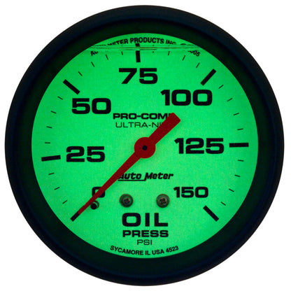 Autometer Ultra-Nite 2-5/8in 0-150 PSI Liquid Filled Mechanical Glow In Dark Oil Pressure Gauge 4223