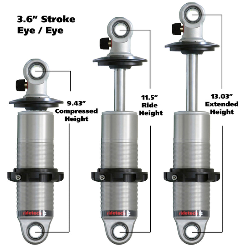 Ridetech HQ Series CoilOver Shock 3.6in Travel 2.5in Coil Eye/Eye Mounting 9.425inx13.025in - eliteracefab.com