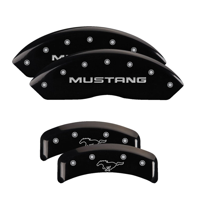 MGP 4 Caliper Covers Engraved Front Mustang Engraved Rear Pony Black finish silver ch MGP