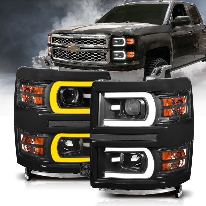 ANZO 14-15 Chevrolet Silverado 1500 Projector Headlights w/ Plank Style Switchback Black w/ Amber - eliteracefab.com