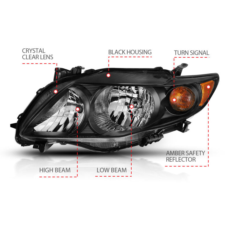 ANZO 2009-2010 Toyota Corolla Crystal Headlight Black Amber - eliteracefab.com