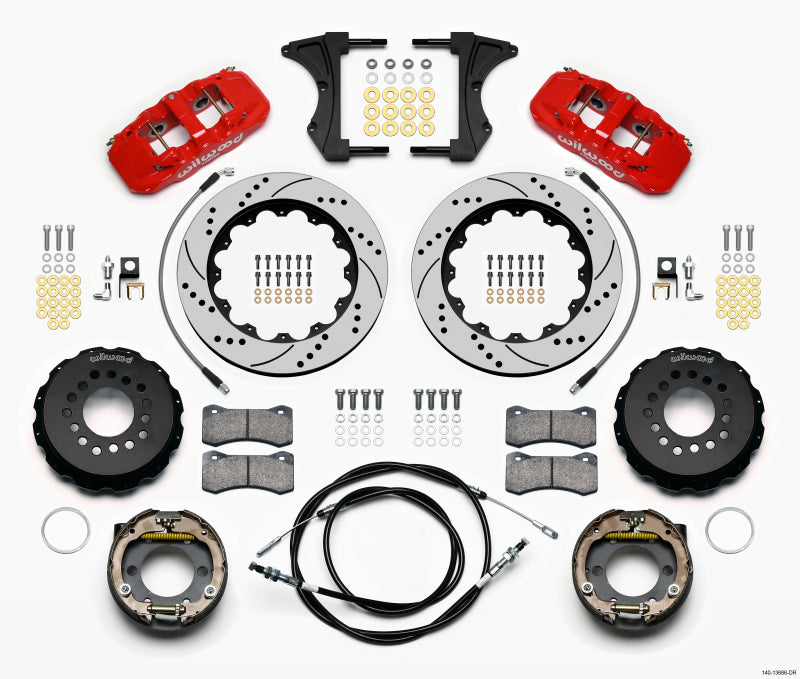 Wilwood AERO4 Rear Kit 14.00 Drilled Red 2005-2014 Mustang w/ BMR Suspn. w/Lines Wilwood