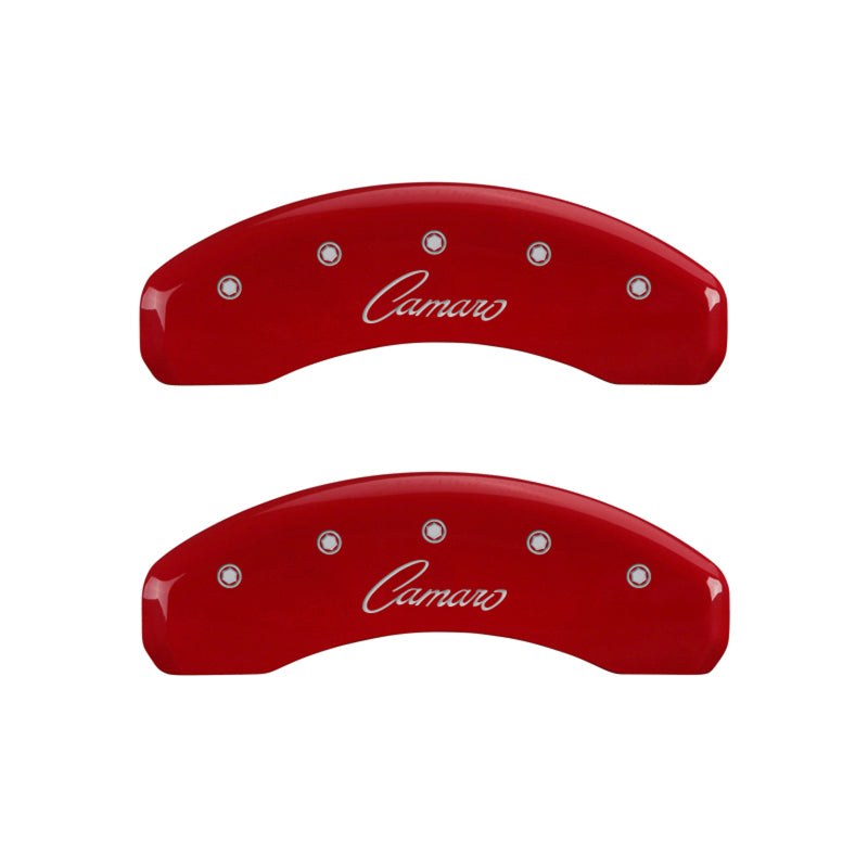 MGP 4 Caliper Covers Engraved Front & Rear Cursive/Camaro Red finish silver ch - eliteracefab.com