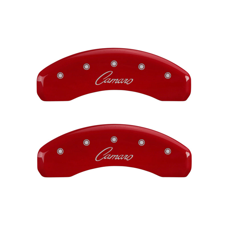 MGP 4 Caliper Covers Engraved Front & Rear Cursive/Camaro Red finish silver ch - eliteracefab.com