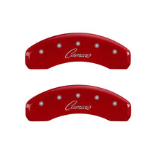 Load image into Gallery viewer, MGP 4 Caliper Covers Engraved Front &amp; Rear Cursive/Camaro Red finish silver ch - eliteracefab.com