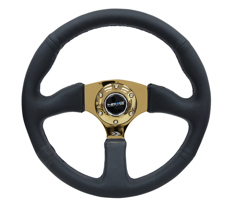 NRG Reinforced Steering Wheel 350mm Sport Leather Racing 2.5 Inch Deep Comfort Grip 4mm metal gold spoke - eliteracefab.com