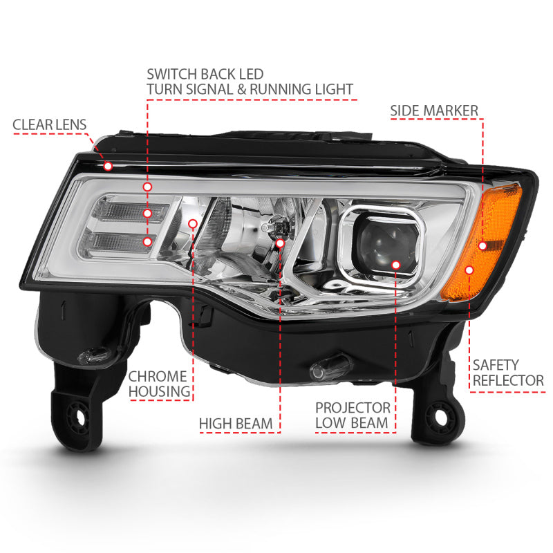 ANZO 2017-2018 Jeep Grand Cherokee Projector Headlights w/ Plank Style Switchback - Chrome w/ Amber - eliteracefab.com